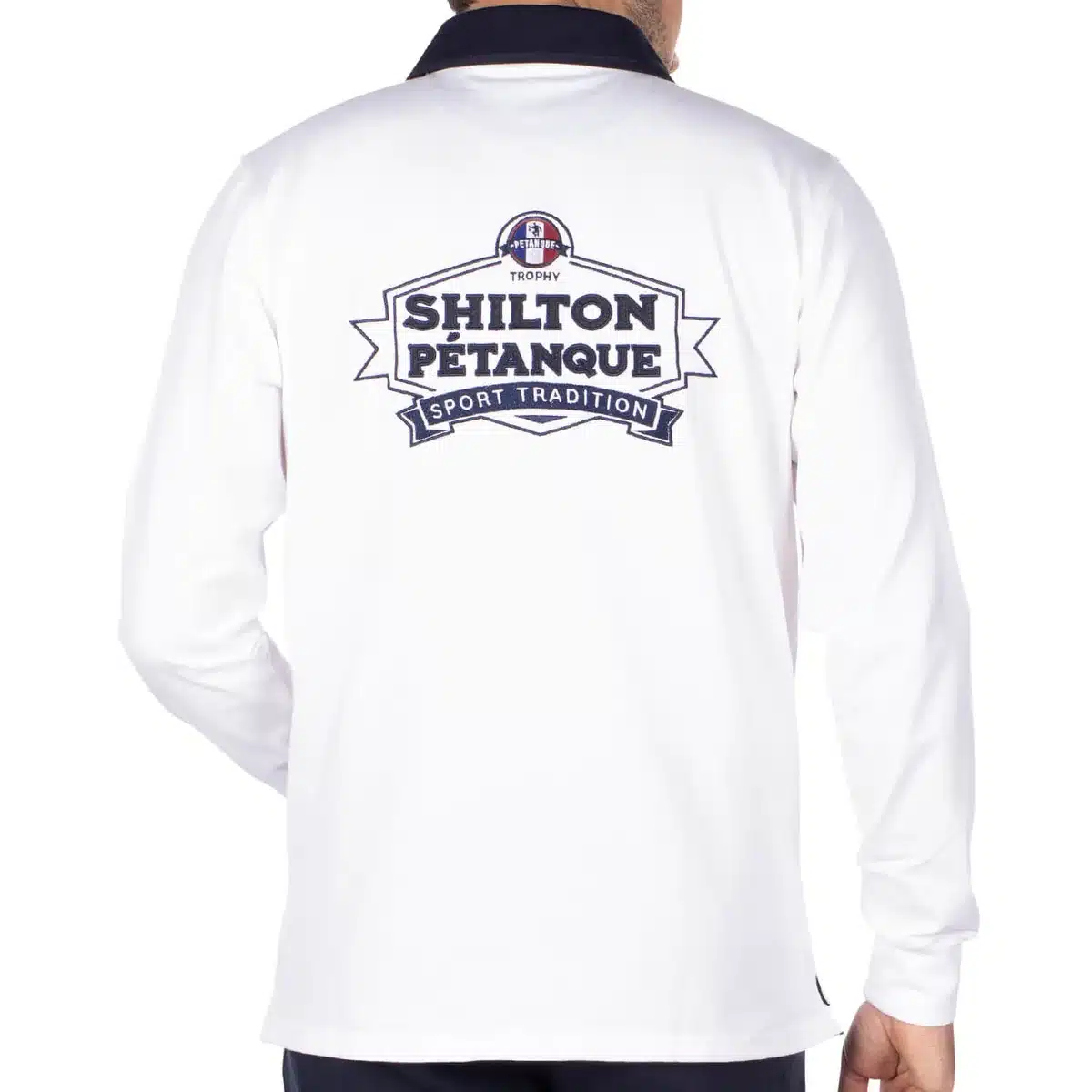 Shilton Pétanque : polos, casquette et tenue des Masters, notre guide d'achat 3 Dos du polo Masters de Pétanque blanc Shilton, brodé d'un grand écusson « Shilton Pétanque Sport Tradition »
